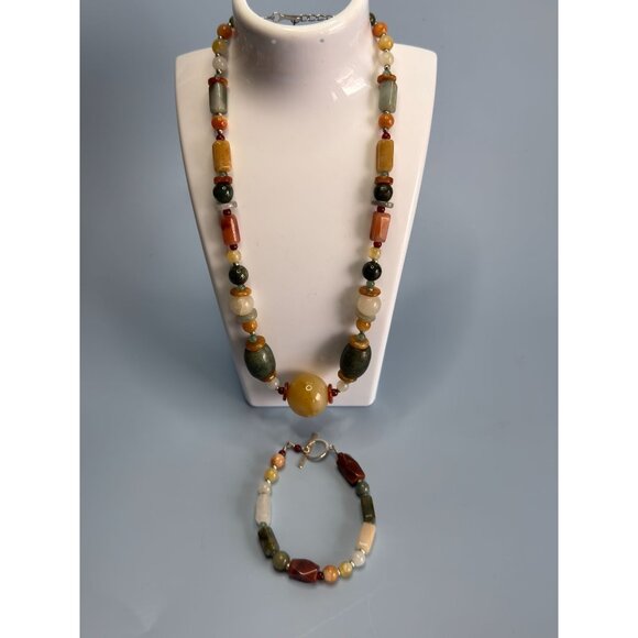 Beggar Beads Sterling Silver Necklace & Bracelet Set Semi-Precious Stones - Picture 1 of 8